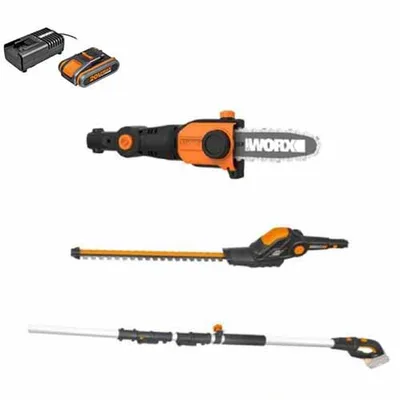 המוצרים בדף זה אינם כוללים מעמ! ומיועדים לגננים של יובלים בלבד מגזמת טלסקופית + מסור שרשרת 20V וורקס מטען מהיר וסוללה 4A - כלי אחד - לפתרונות רבים